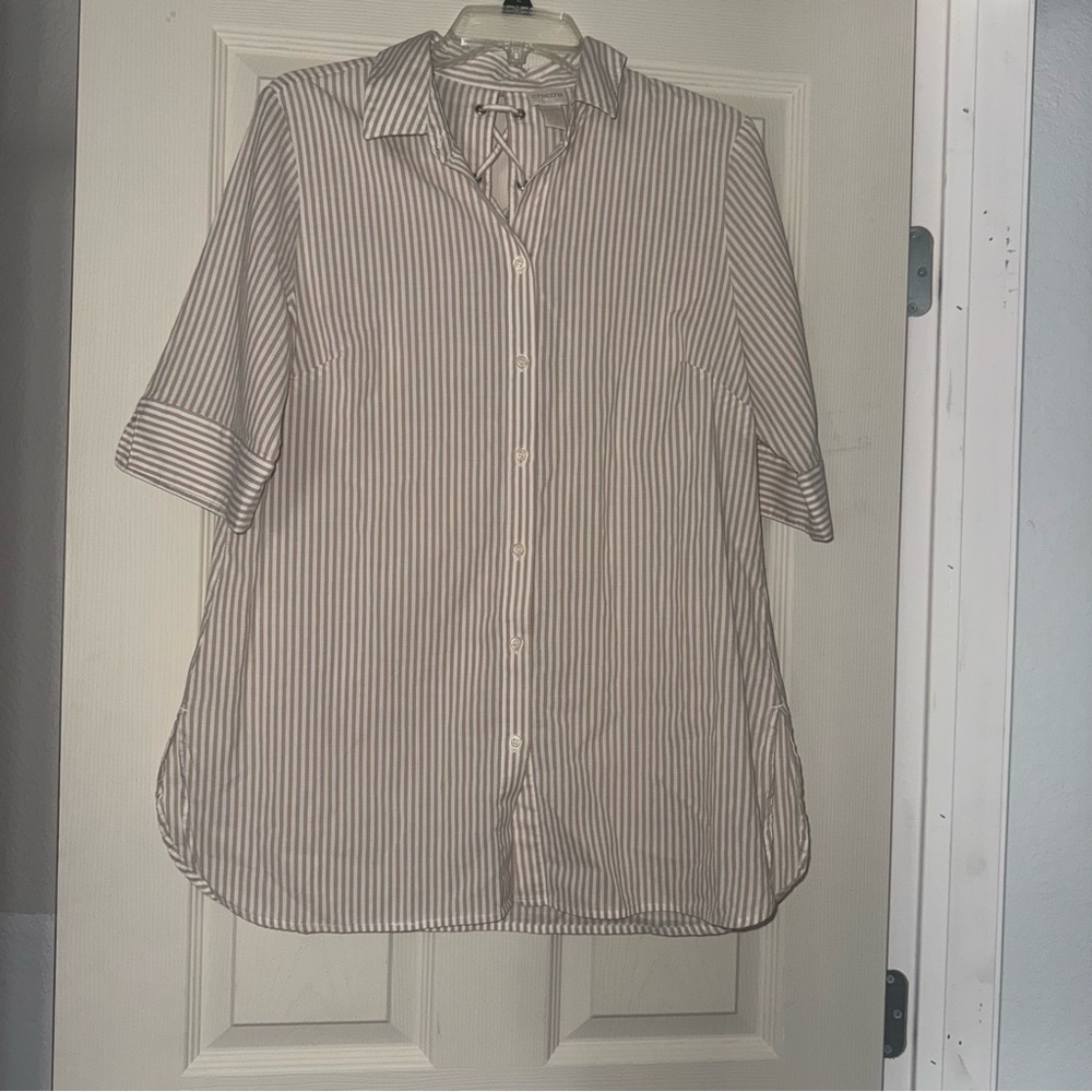Chico's Women's Striped Tunic Size 1 (M-8) - Beige and White 3/4 Sleeves
